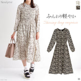 小花柄シャーリングロングワンピース