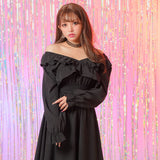 2wayオフショルカシュクールフリルカラーウエストリブワンピース