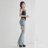 セクシー開きストレッチフレアデニムパンツ