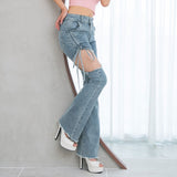 セクシー開きストレッチフレアデニムパンツ