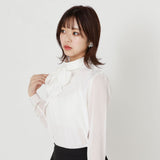 上品ボウタイリボン取り外し可/袖シアーブラウス【M/L/LL/3L】【大きいサイズ有】