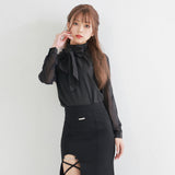 上品ボウタイリボン取り外し可/袖シアーブラウス【M/L/LL/3L】【大きいサイズ有】