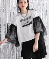 デザインプリントチュールスリーブTシャツ