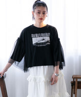 デザインプリントチュールスリーブTシャツ