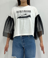 デザインプリントチュールスリーブTシャツ