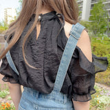 ゴージャスパールネック肩開きセクシーブラウス