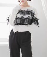【10/23 10:59までの特別価格】チュールフリルリボンクロップドロンT【大きいサイズ有】