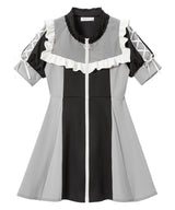 【10/23 10:59までの特別価格】ヨークメッシュレースアップジャージワンピース