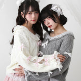 Vネック袖リボンレースビジューハートケーブルニット