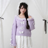 Vネック袖リボンレースビジューハートケーブルニット