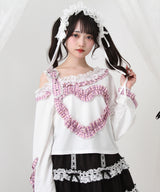 ワンショルダーハートレースフリルTシャツ