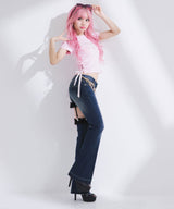 セクシーガーター風ギャルストレッチフレアデニムパンツ
