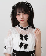 ハートビジューリボンオフショル風レースブラウス