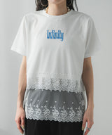 ロゴ刺繍裾レース付きTシャツ