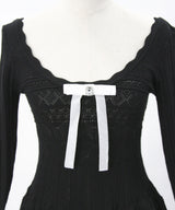 リボン付総レースニットフレアワンピース