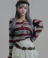 マルチボーダーオフショル長袖カットソートップス