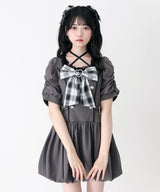 姫系キラキラビジューハートリボンレースアップバルーンワンピース
