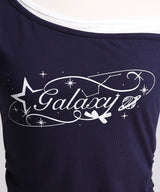 ロゴ オフショルダー Tシャツ / レイヤード風 アシンメトリー 星柄 Tシャツ エッジィ