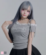 Y2Kバレエコア襟レース オフショルダー ロゴTシャツ / アシンメトリー