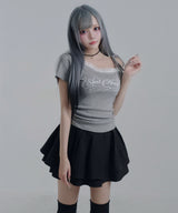 Y2Kバレエコア襟レース オフショルダー ロゴTシャツ / アシンメトリー
