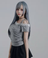 Y2Kバレエコア襟レース オフショルダー ロゴTシャツ / アシンメトリー
