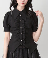 ゴシック風角襟フリルレースアップギャザーブラウス
