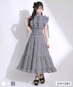 プチハイネックシアーチェックティアードロングワンピース【大きいサイズあり】