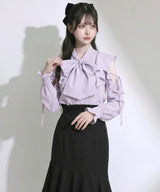 【10/23 10:59までの特別価格】ショルダーレースフリルリボンボウタイブラウス【大きいサイズあり】