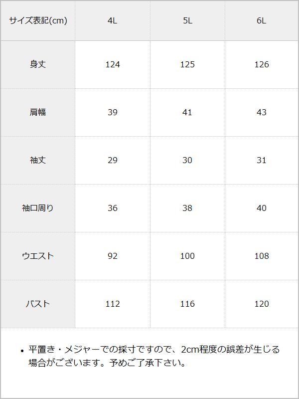 【4L~6L】ダブルビッグカラーシャツワンピース / サイズ表