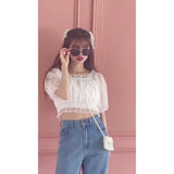 バルーン袖ドットチュールコンパクトシアーブラウス