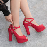 12cmヒールセクシークロスストラップオープントゥパンプス 【22.0?24.5cm】【小さいサイズ】【レディース】【通販】【チャンキーヒール】