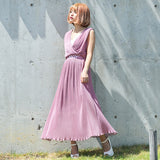 選べる2タイプ細プリーツウエストビジューカシュクールマキシ丈シフォンワンピorオールインワン